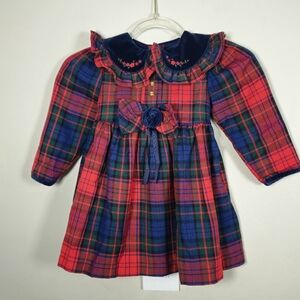 Baby Girl Vintage Plaid Velvet Holiday Red Blue Green Long Sleeve Dress Size 2T